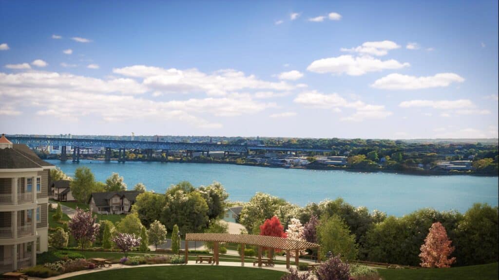 Drone shot of Vista Point at Fairview's campus on the water